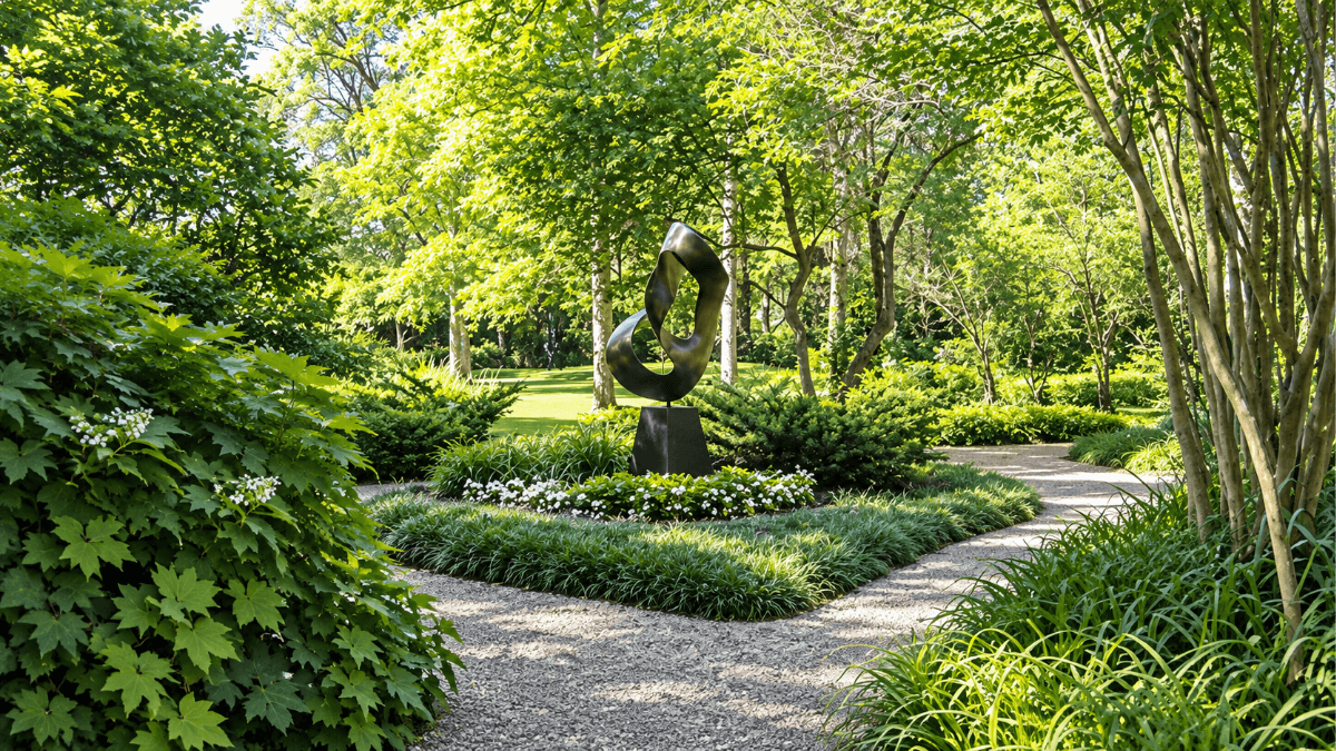 Valley House Gallery and Sculpture Garden in North Dallas with winding garden paths, mature trees and outdoor sculptures