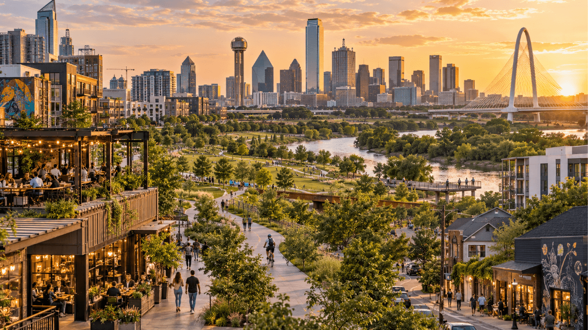 Dallas skyline and Trinity River near Harold Simmons Park, highlighting nearby neighborhoods poised for growth including Trinity Groves, West Dallas and Downtown Dallas