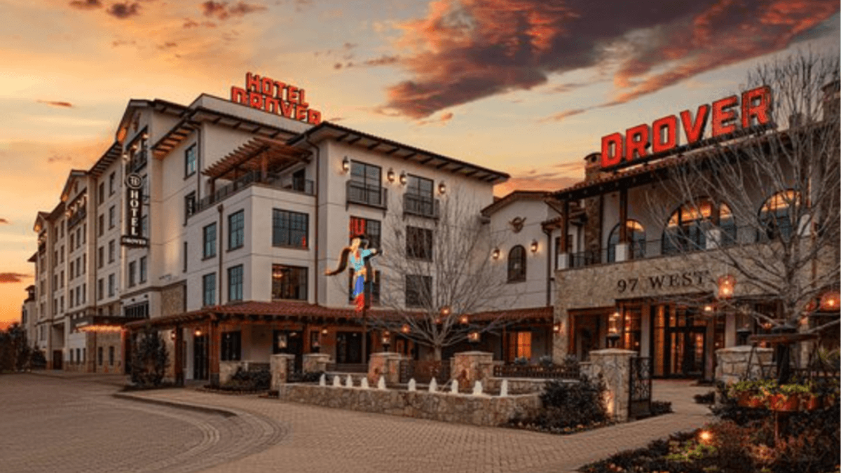 Hotel Drover in the Fort Worth Stockyards at sunset, highlighting Western luxury and a historic Texas weekend getaway from Dallas