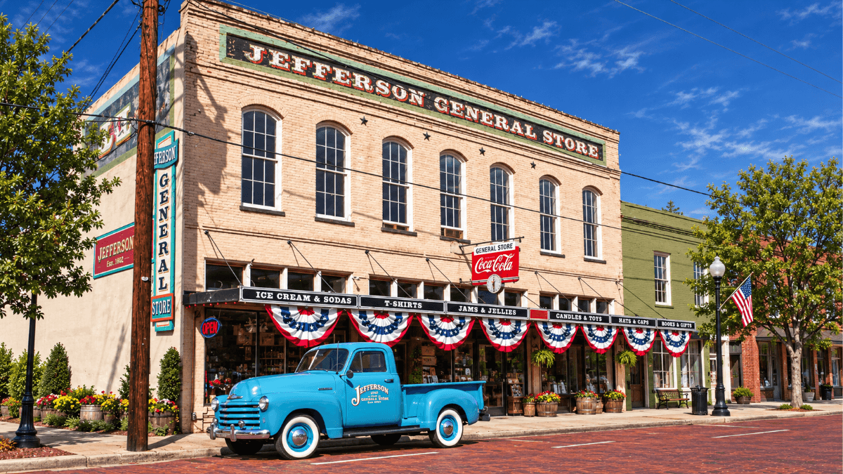 Historic Jefferson General Store in Jefferson, Texas, with a vintage blue truck, highlighting one of the historic Texas getaways worth the drive from Dallas