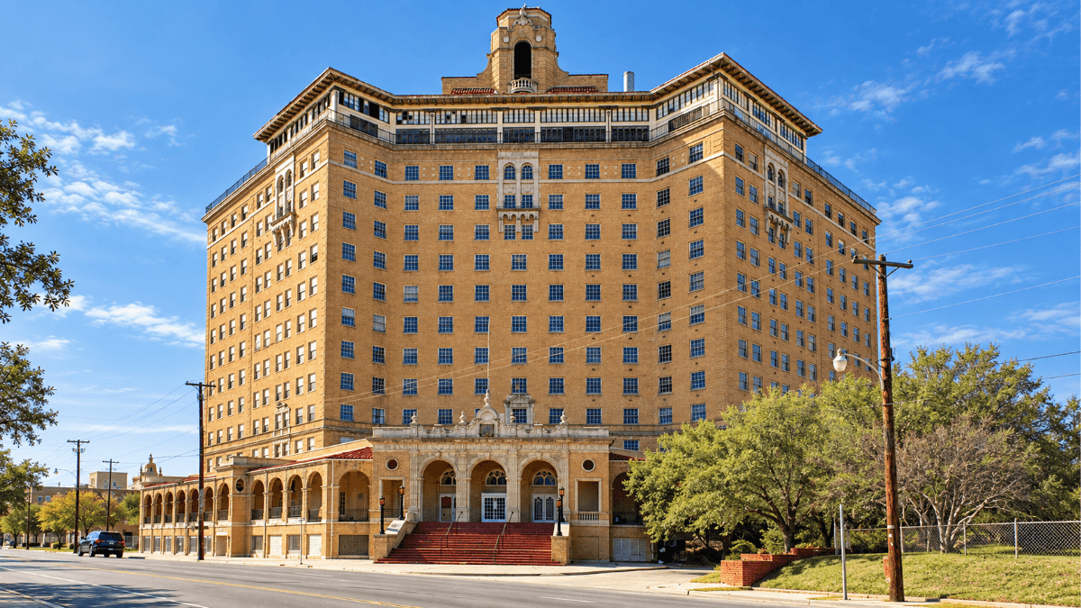 Historic Baker Hotel in Mineral Wells, Texas, showcasing the landmark architecture that makes this a popular weekend getaway and day trip from Dallas