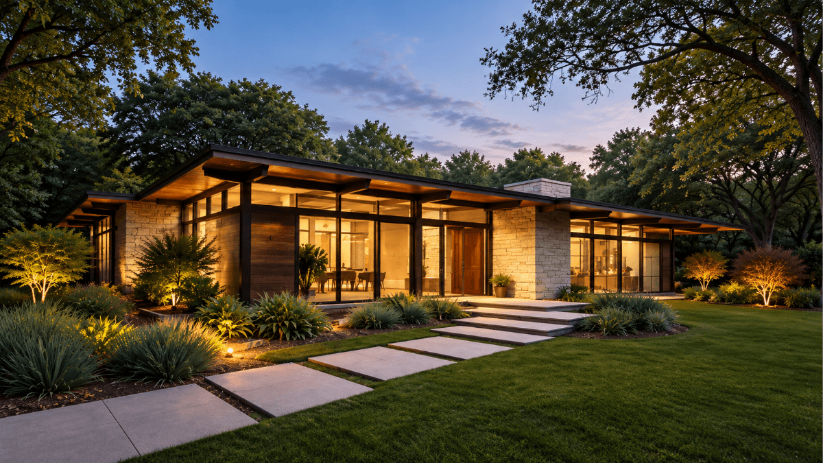 Mid-century modern home in Dallas with expansive glass walls, natural stone and warm interior lighting, illustrating the timeless design, indoor-outdoor connection and architectural appeal that continue to attract North Texas buyers