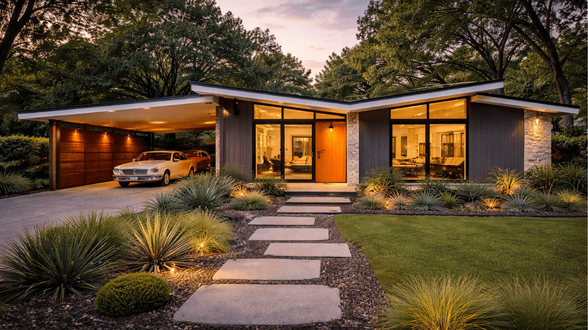 Renovated mid-century modern home in North Texas, blending original architectural character with modern updates, landscaping and contemporary living