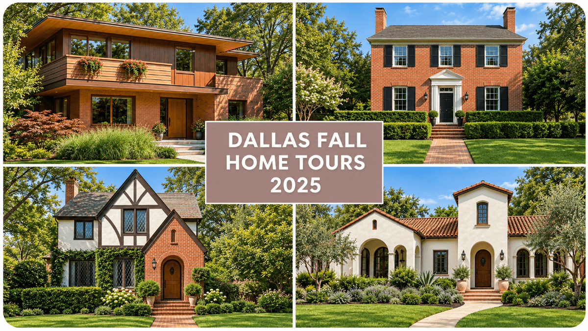 Collage of distinctive Dallas homes featured in fall home tours, showcasing Tudor, mid-century modern, traditional brick and Mediterranean architecture across neighborhoods such as Lakewood, Oak Cliff and Lake Highlands