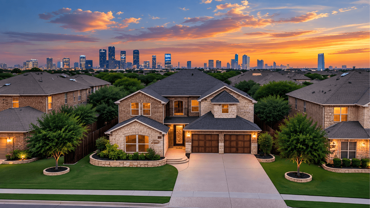North Dallas suburban home at sunset with the Dallas skyline in the distance, illustrating the balance between neighborhood seclusion, community connection and city access