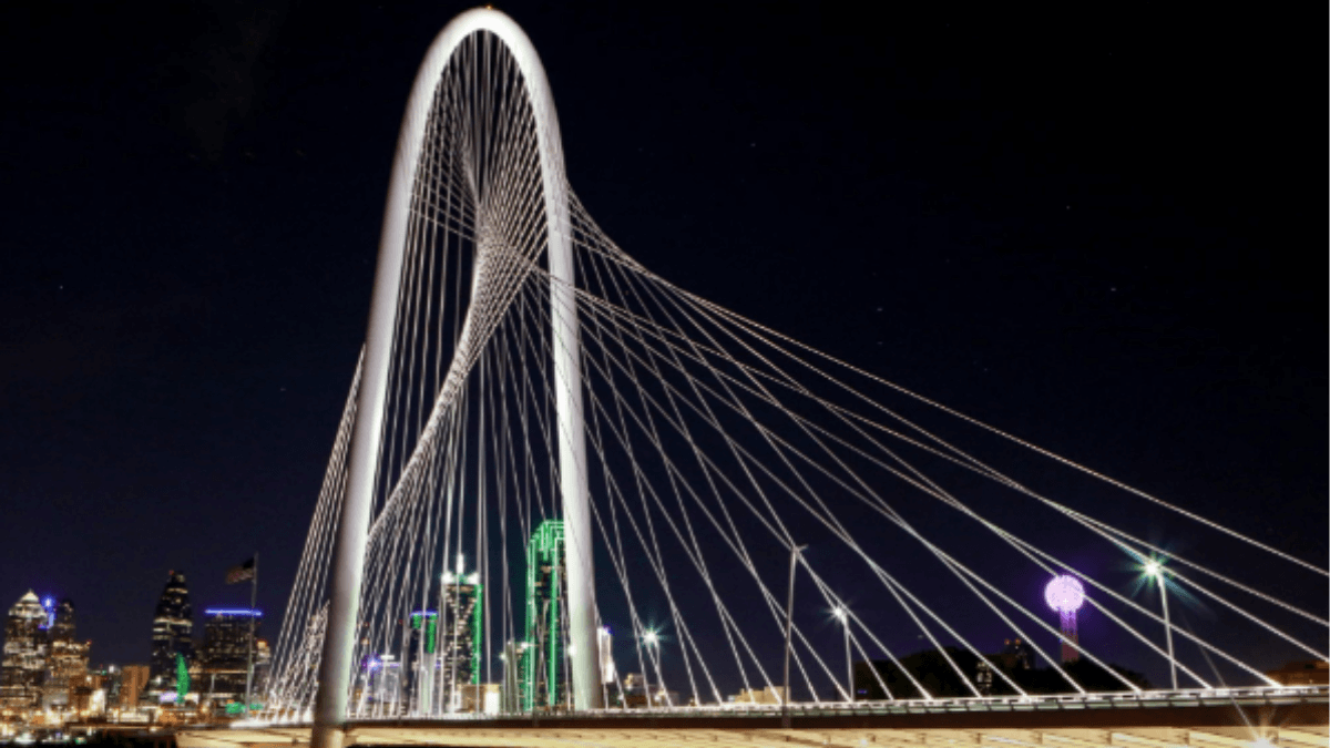 Margaret Hunt Hill Bridge and the Dallas skyline at night, illustrating redevelopment, growth and real estate investment opportunities across North Dallas and surrounding communities
