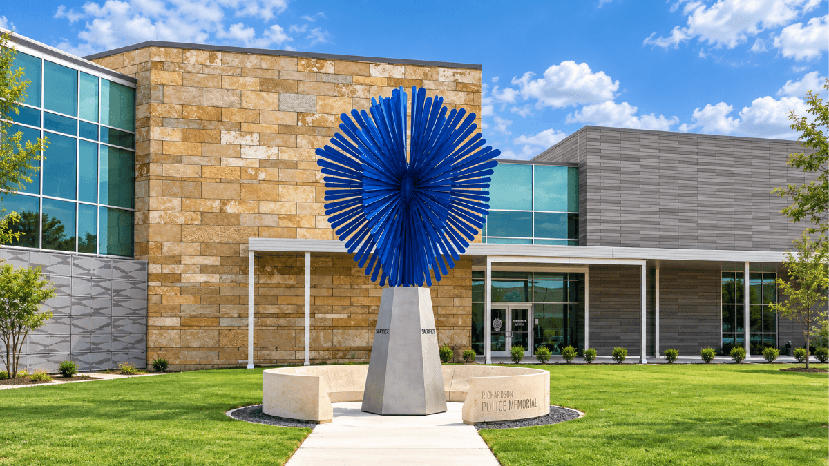 Richardson Police Memorial outside a modern civic building in Richardson, Texas, highlighting the established community and local amenities surrounding Richardson ISD neighborhoods
