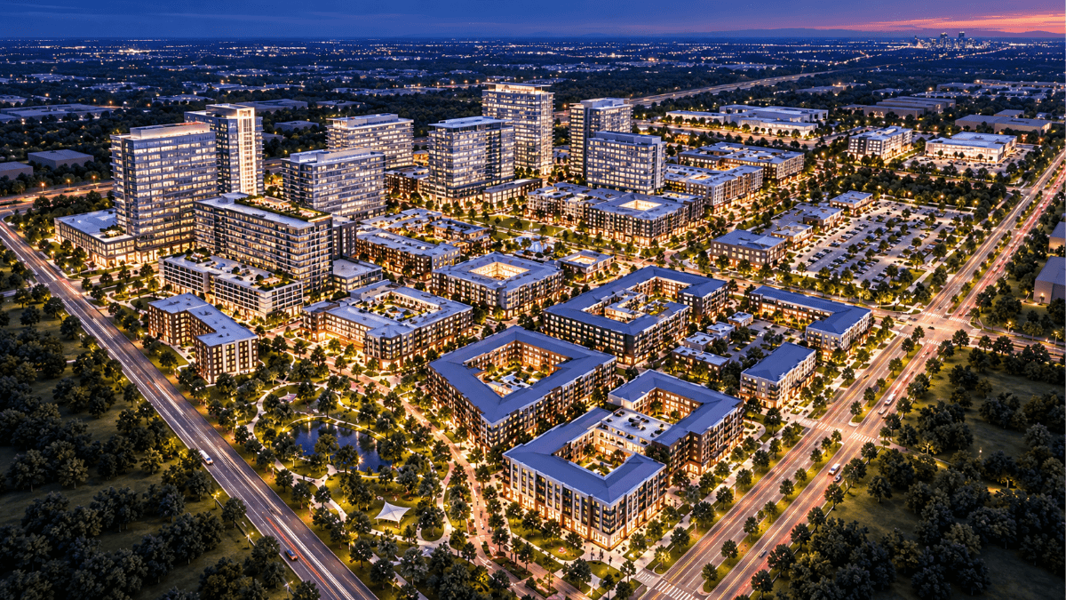 Aerial view of a modern mixed-use development at dusk, representing residential growth, new development and real estate demand across North Dallas, Richardson and Plano