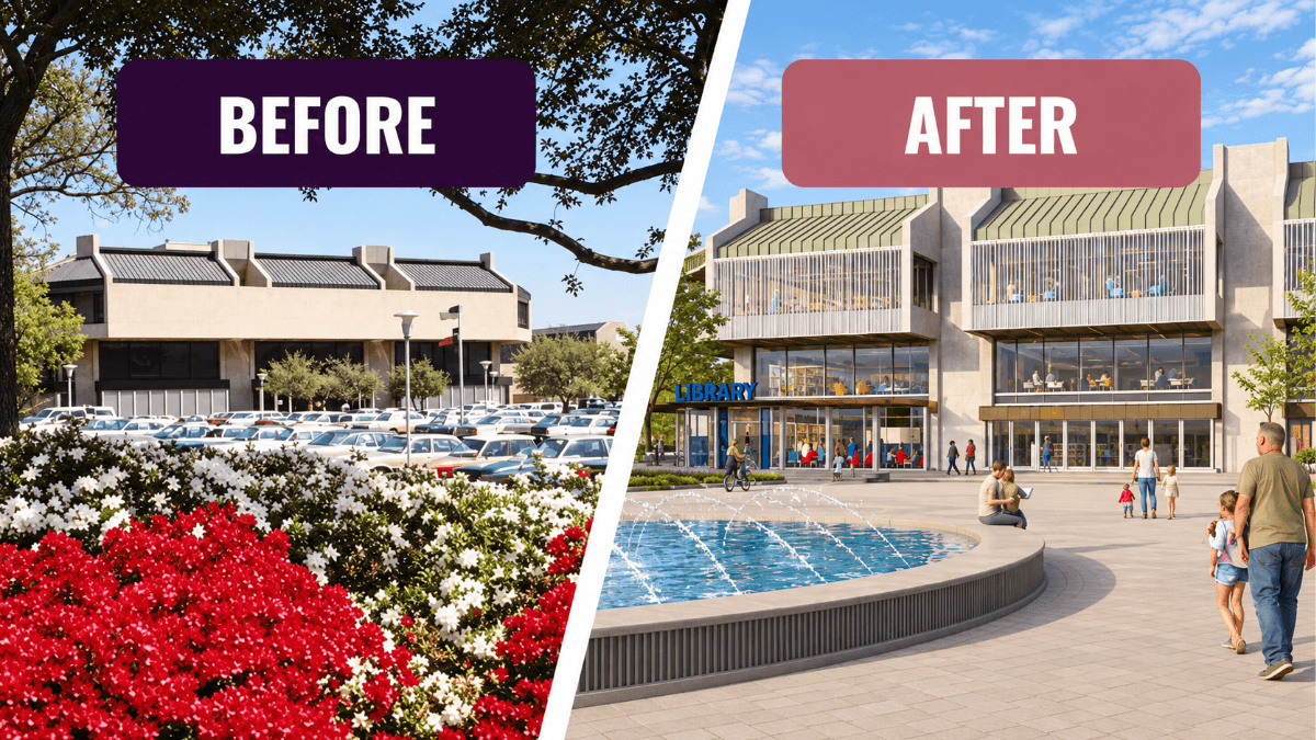 Before-and-after view of Richardson Public Library and City Hall redevelopment, highlighting modern civic design, public gathering space and investment in Richardson’s municipal campus