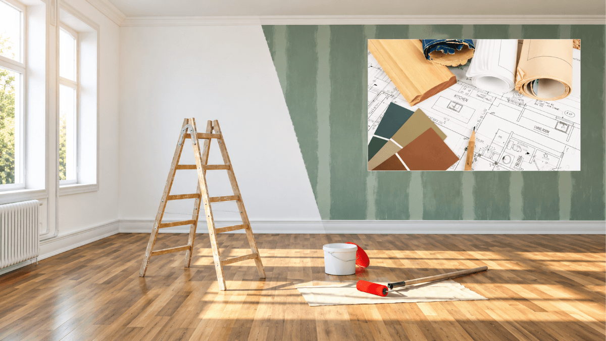 Sunlit room undergoing a home renovation with ladder, paint supplies, architectural plans and finish samples, illustrating which pre-sale improvements may offer the best return for Dallas-area homeowners
