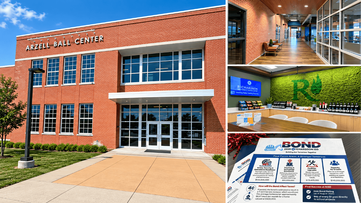Collage of Richardson ISD’s Arzell Ball Center in Richardson, Texas, including the district offices, interior meeting spaces and 2025 bond information featured in the RISD State of the District overview