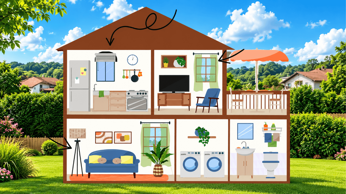 Illustrated cutaway home showing built-in fixtures, appliances, furniture and outdoor features, explaining what typically stays with a Texas home sale and what sellers may take when they move