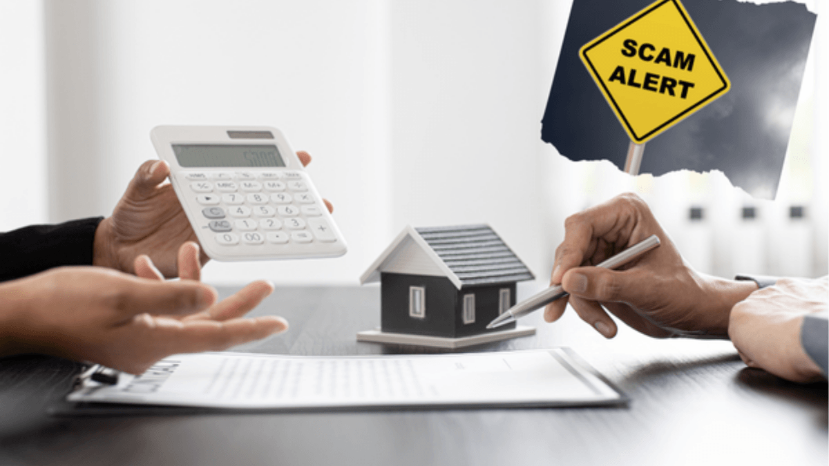 Real estate scam warning graphic with calculator, contract documents and model home, illustrating fraud risks such as fake buyers, wire fraud, deed theft and foreclosure scams targeting Texas homeowners