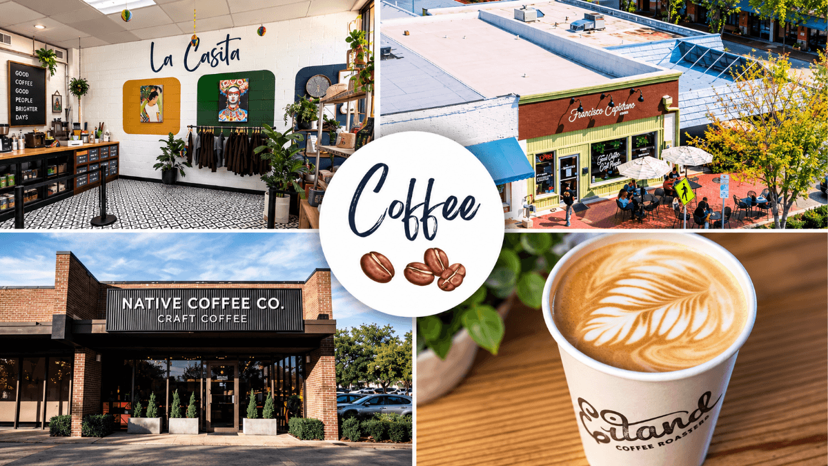 Collage of favorite North Dallas coffee shops, including La Casita in Richardson and Native Coffee Co. in North Dallas, highlighting local cafés where buyers can meet with a Realtor, discuss neighborhoods and plan a home search