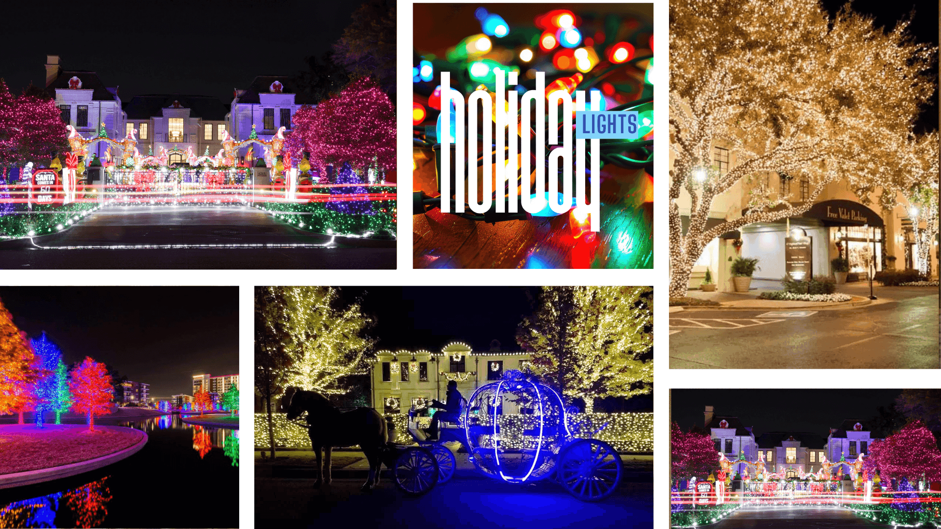 Holiday light displays around Dallas and DFW, including decorated homes, illuminated trees, colorful light attractions and festive carriage rides featured in a local guide to the best Christmas lights