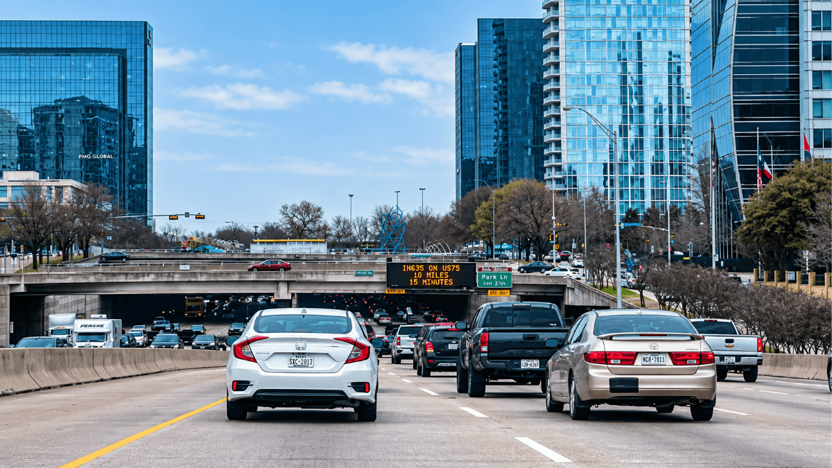 Dallas traffic on a major highway near high-rise buildings, illustrating commute times, freeway access and transportation options for North Dallas and Collin County home buyers