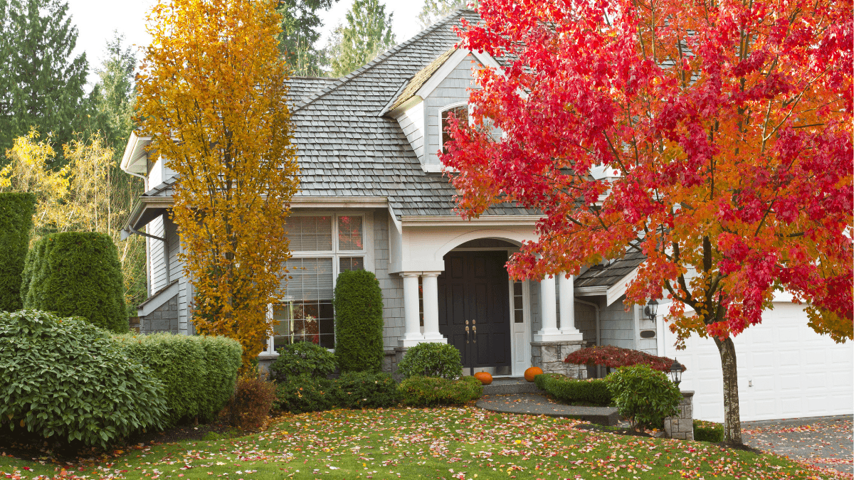 Dallas-area home in fall surrounded by colorful autumn landscaping, illustrating strategic seasonal pricing, days on market and seller positioning in North Dallas, Richardson and Plano