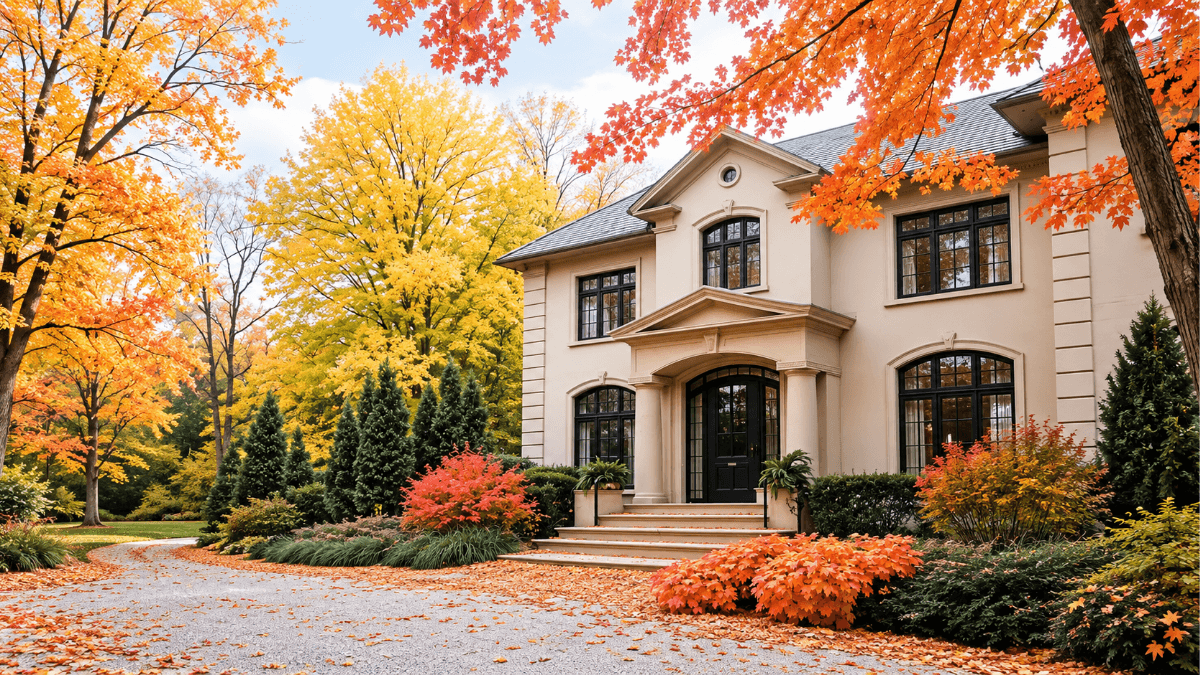 Elegant Dallas home surrounded by vibrant fall foliage, illustrating the seasonal curb appeal, lower competition and motivated buyers that can give North Dallas sellers an advantage in the autumn market