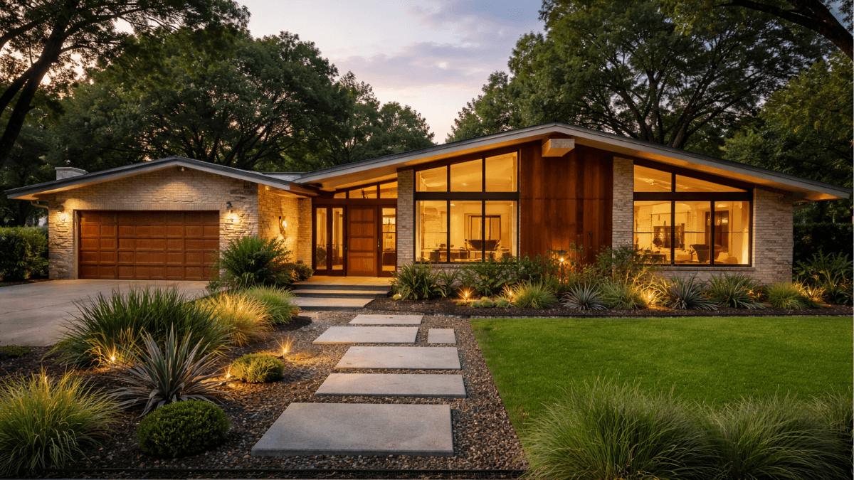 Mid-century modern home in North Dallas with distinctive architecture and mature landscaping, illustrating how architectural style can influence buyer demand, resale value and real estate investment strategy