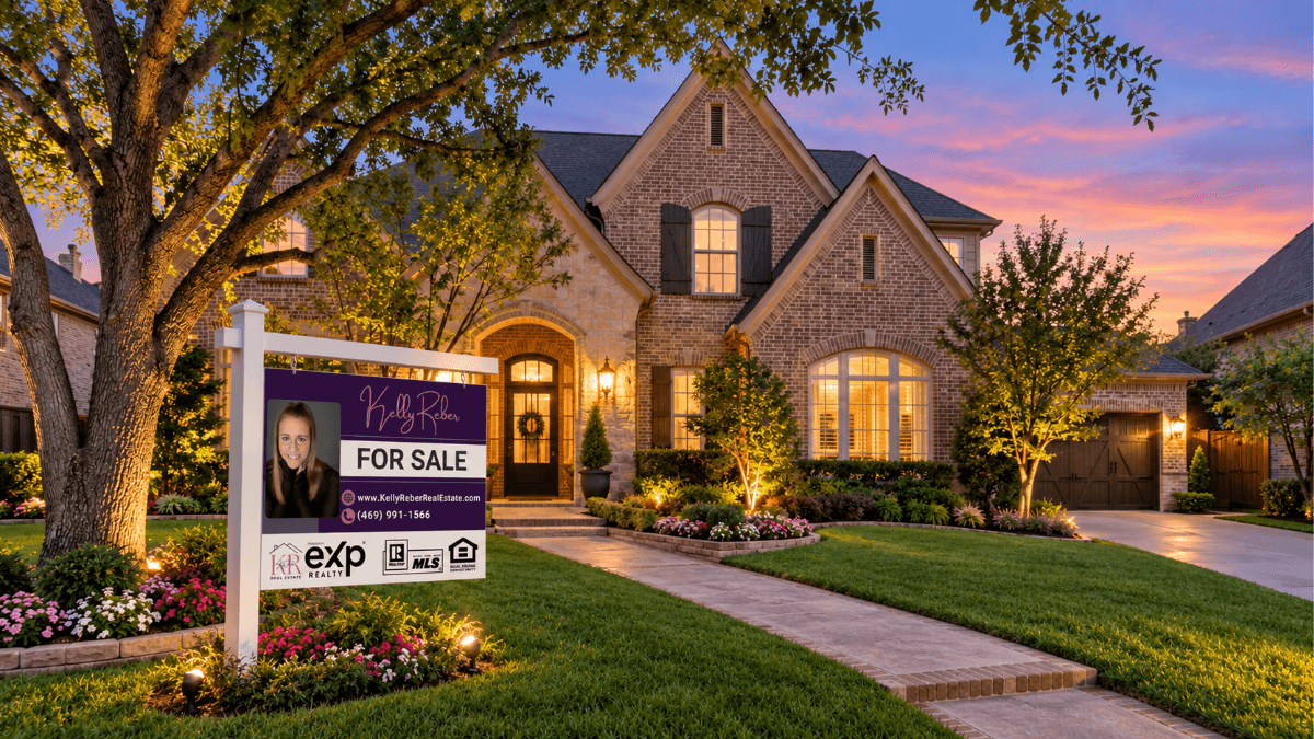Luxury Dallas-area home at twilight with Kelly Reber Real Estate for sale sign, representing current North Texas housing market conditions, home values and questions about whether the Dallas real estate market could be headed for a correction or crash
