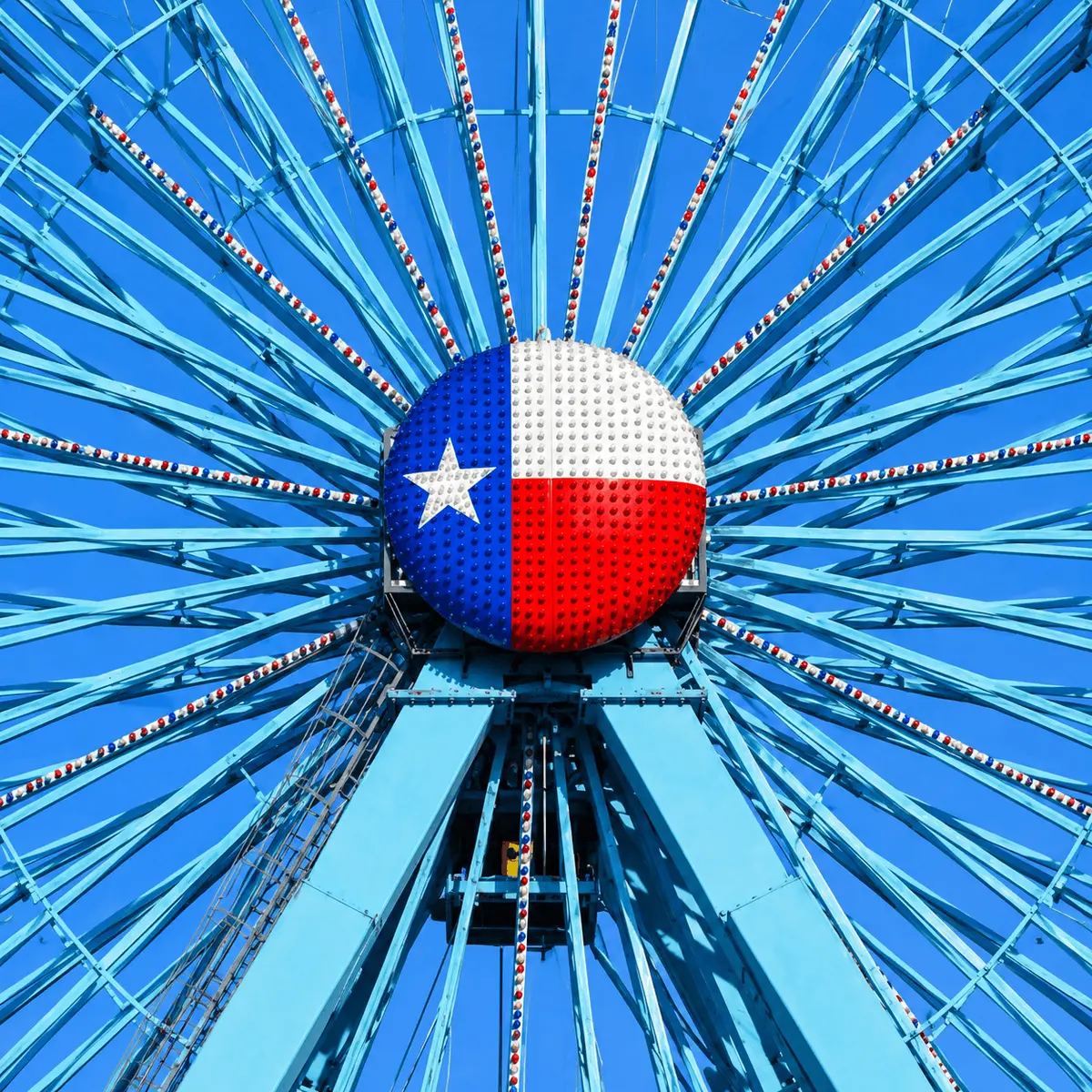 Texas Star Ferris wheel at Fair Park in Dallas with Texas flag centerpiece