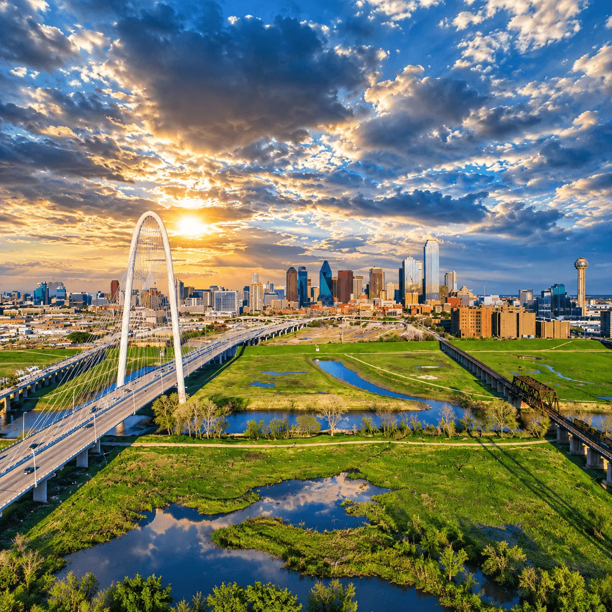 Aerial view of downtown Dallas, Margaret Hunt Hill Bridge and the Trinity River corridor
