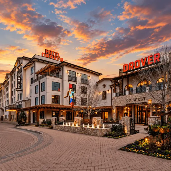 Part 6: Fort Worth and Hotel Drover Hotel Drover. in the Fort Worth Stockyards at sunset, showcasing Western-inspired luxury and one of the most distinctive weekend getaways near Dallas.