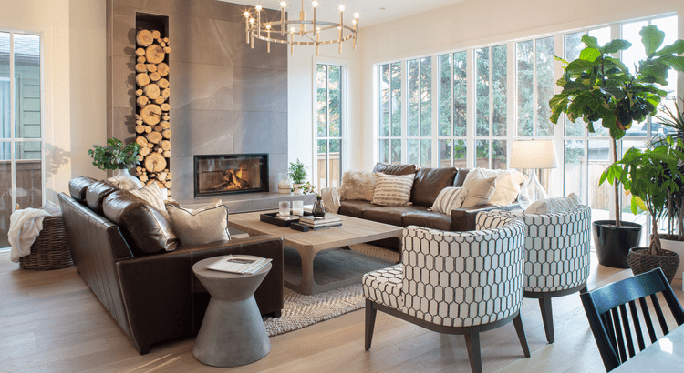 Modern luxury living room with natural light and contemporary furnishings in a new construction home in North San Diego County.