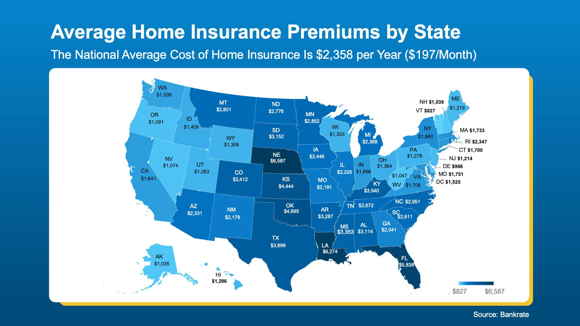 Map of average home insurance premiums by state, including California, to help buyers compare regional costs, by Patty Villanueva, Realtor.