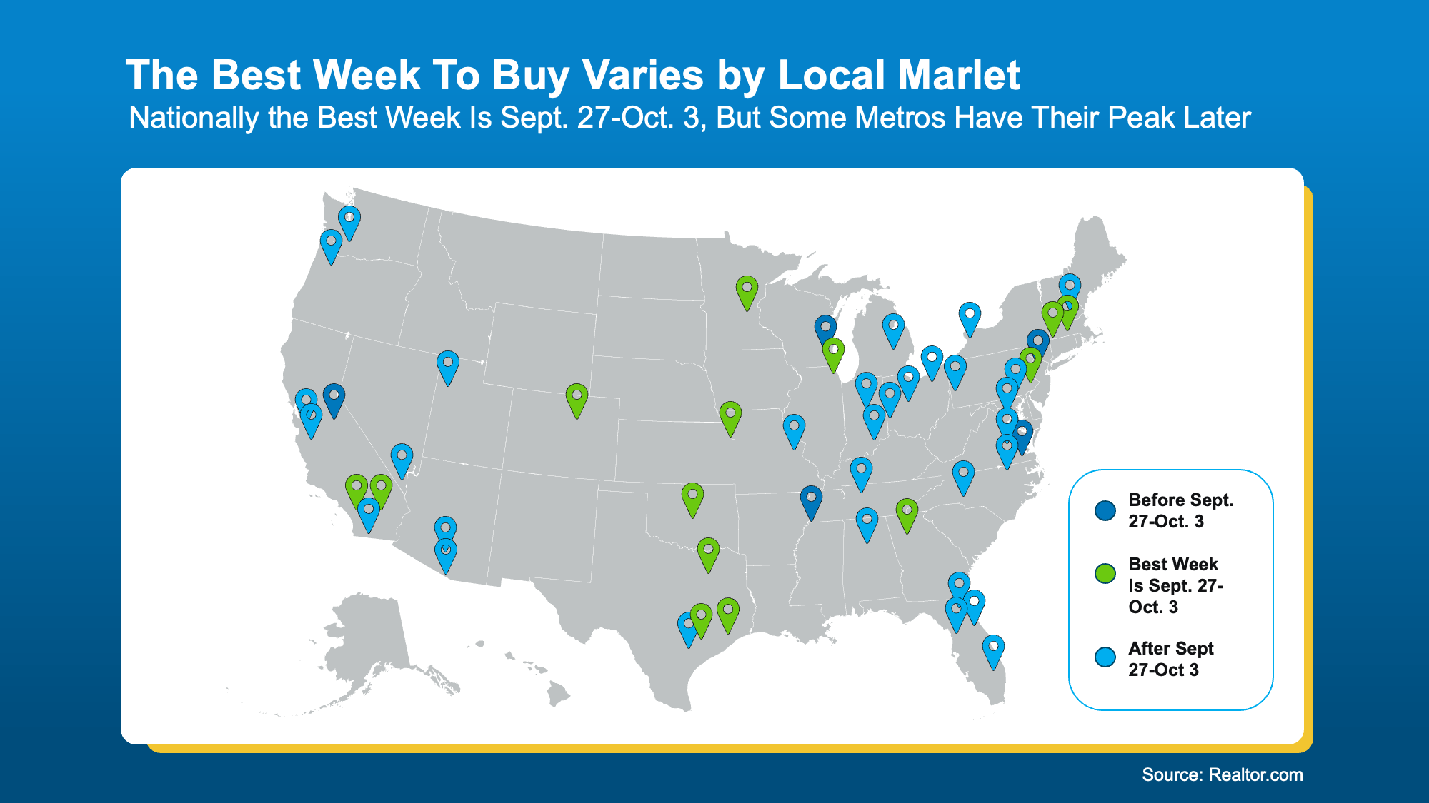 Realtor.com map showing the projected best week to buy a home in 2026 by U.S. housing market