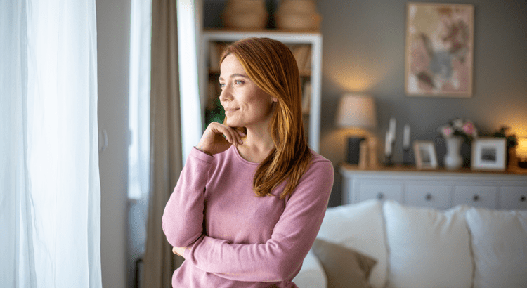 Thoughtful woman looking out window at home, considering selling her house in San Diego County real estate market during lower mortgage rate environment in 2025.