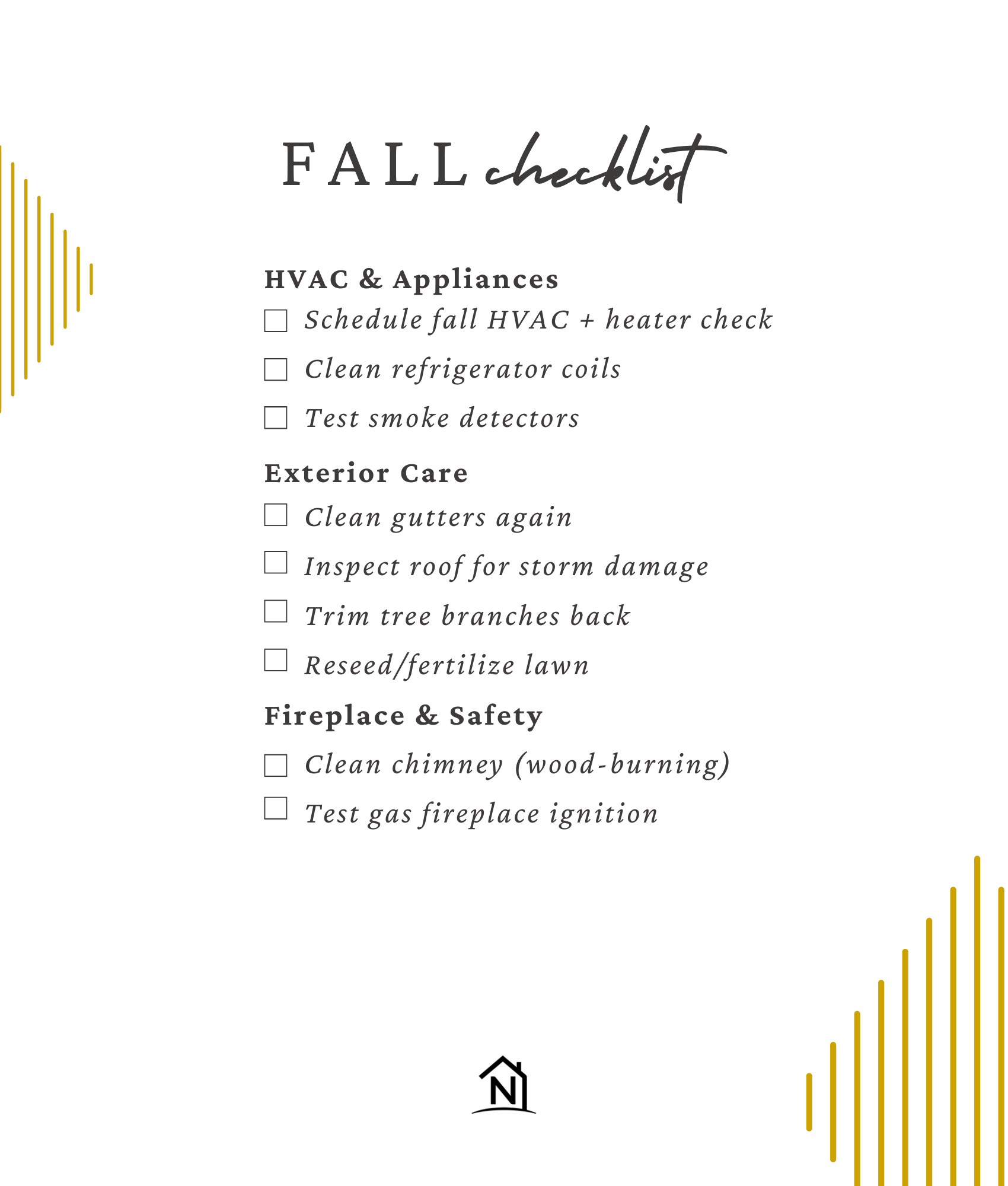 Fall home maintenance checklist for Houston-area homeowners &mdash; heater service, gutter cleaning, roof inspection, lawn care, and fireplace safety prep.