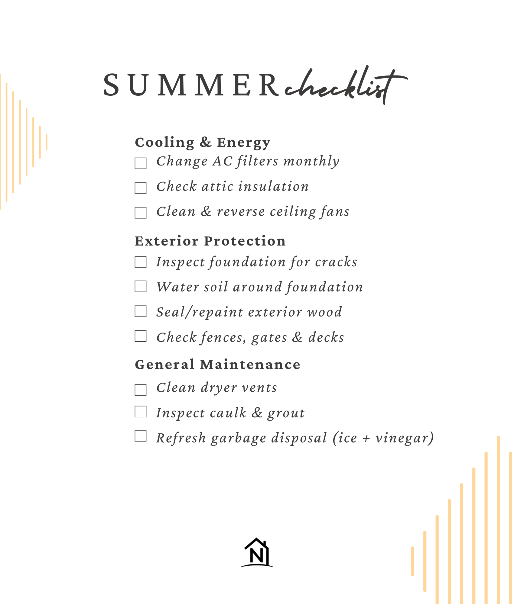 Summer home maintenance checklist for Texas heat &mdash; AC filter changes, attic insulation check, foundation watering, exterior sealing, and energy-saving tips.