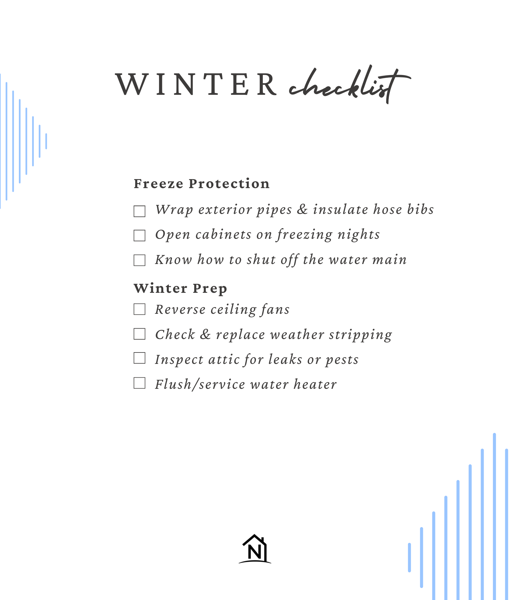 Winter and freeze-prep checklist for Texas homes &mdash; pipe insulation, weather stripping, attic inspection, water heater maintenance, and freeze protection steps.