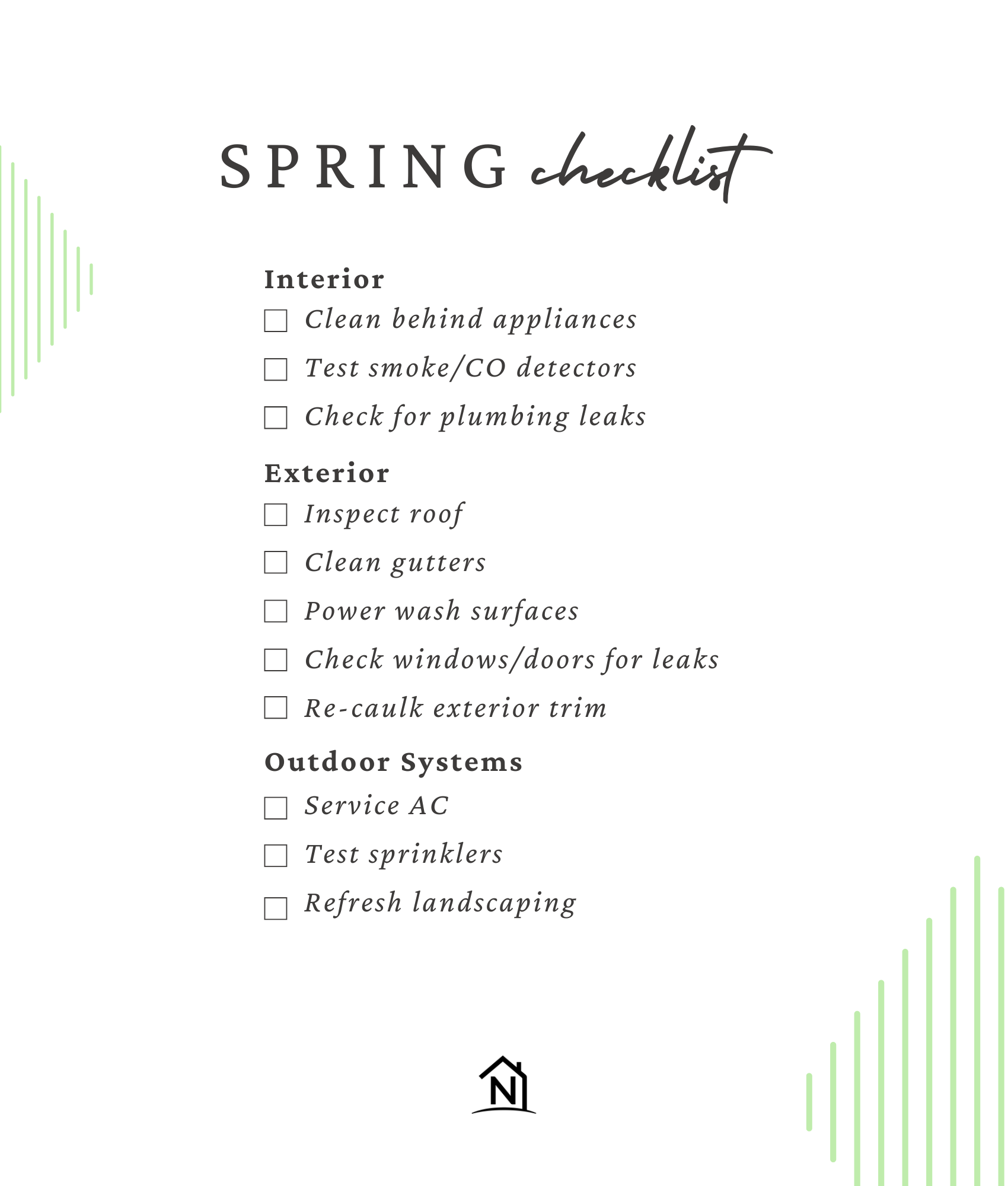 Spring home maintenance checklist for Texas homeowners &mdash; roof check, gutter cleaning, HVAC prep, exterior caulking, and landscaping refresh.