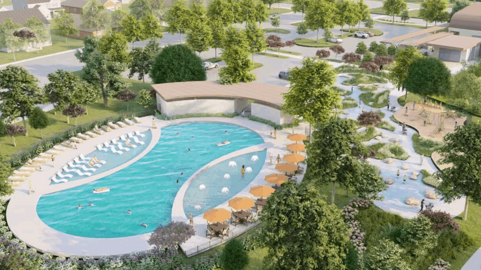 Midline community map and early development area highlighting planned homes, trails, and amenity centers in Southeast Houston