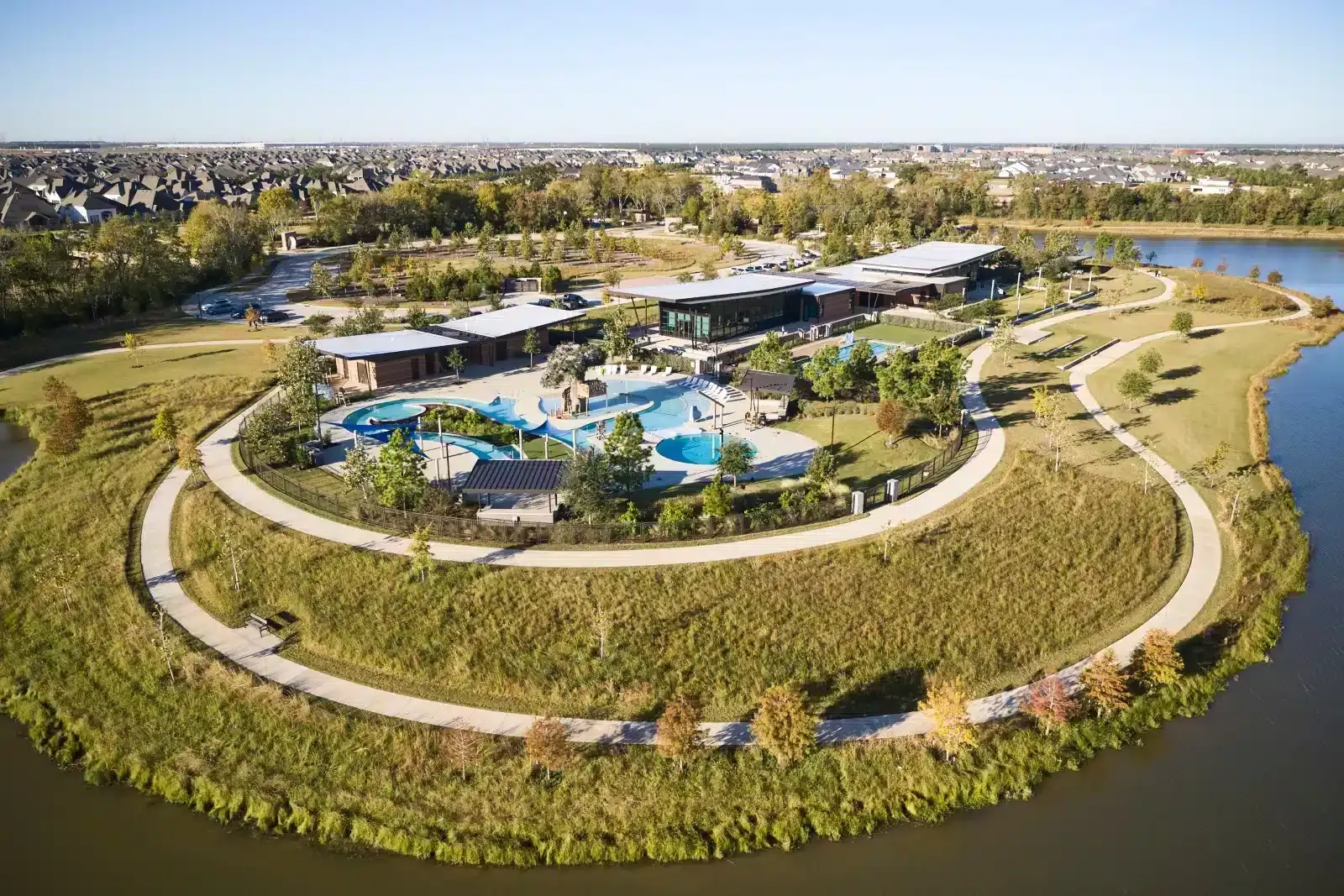 Aerial view of Bridgeland in Cypress, Texas with lakes, trails, and master-planned community amenities