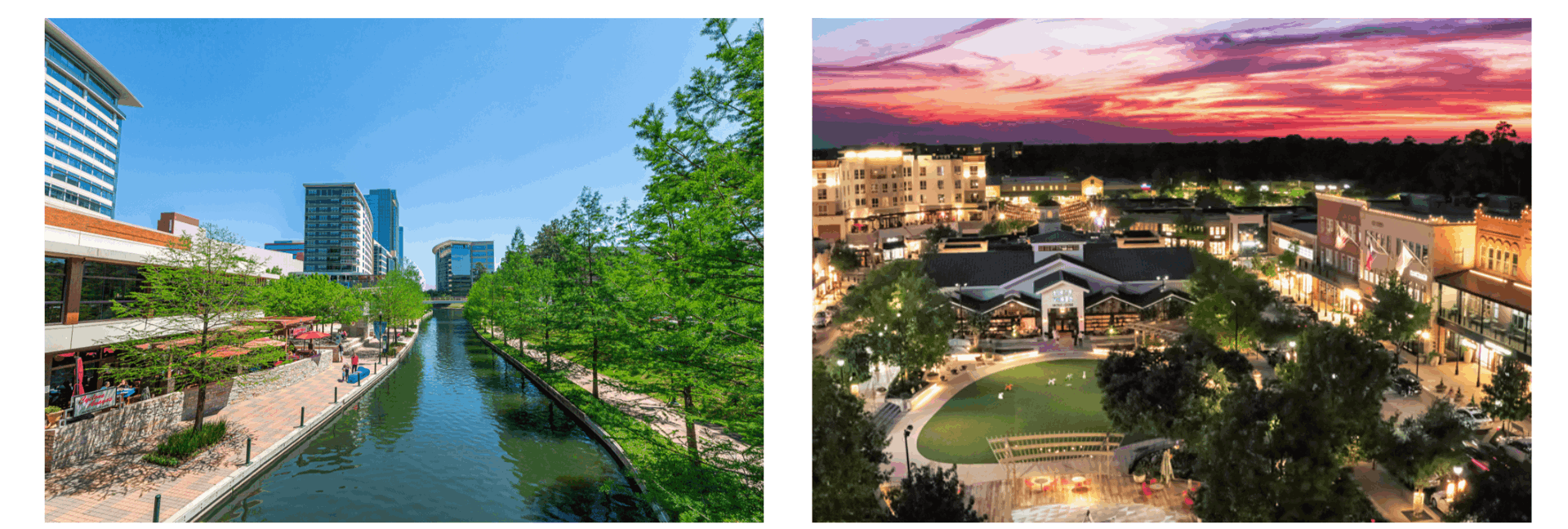 Aerial view of The Woodlands, Texas showing wooded neighborhoods, trails, lakes, and mixed-use village centers.