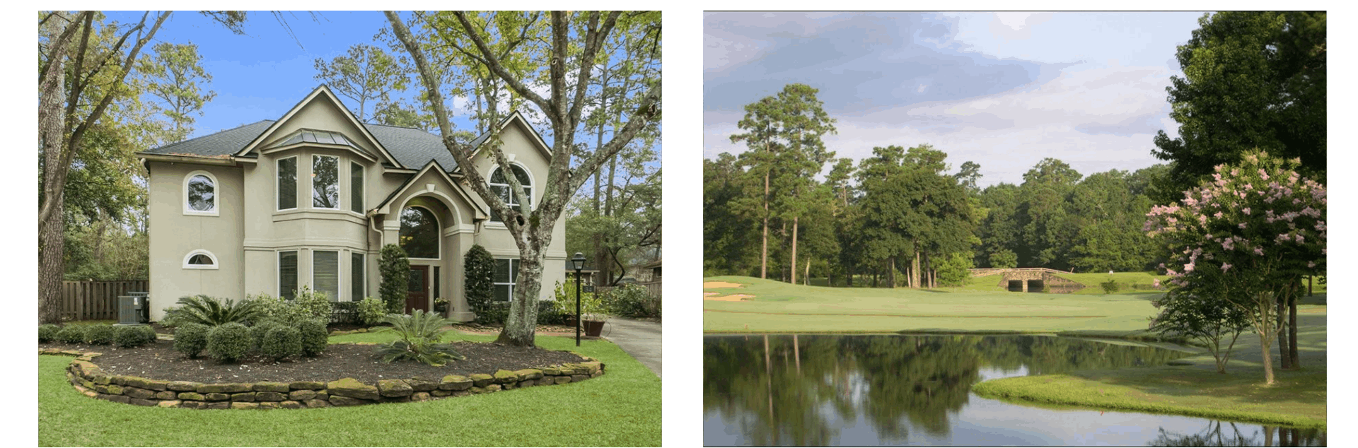 Tree-lined streets and golf course homes in Cochran’s Crossing, a centrally located village in The Woodlands, Texas.