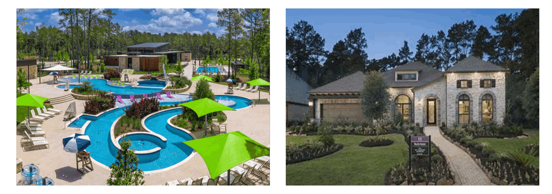 New construction homes and resort-style amenities in The Woodlands Hills, a master-planned community north of Conroe, Texas.