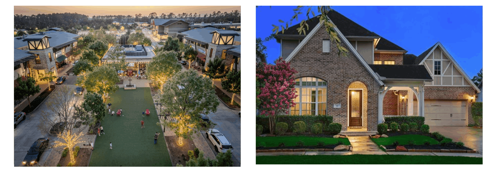 Modern homes, greenbelts, and walking trails in Creekside Park, a newer village in The Woodlands, Texas.