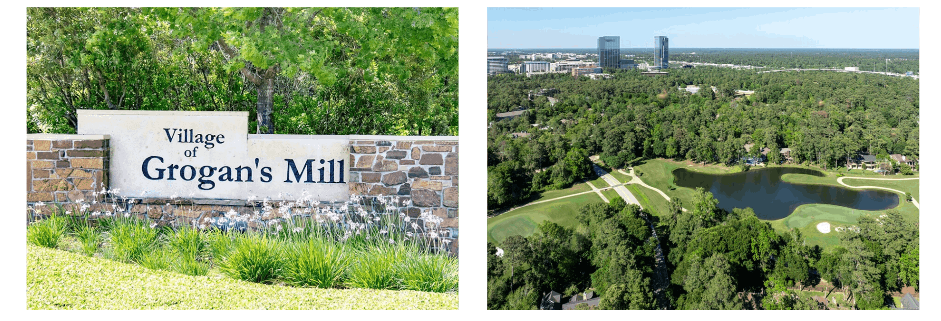 Established homes and mature trees in Grogan’s Mill, the original village of The Woodlands, Texas.