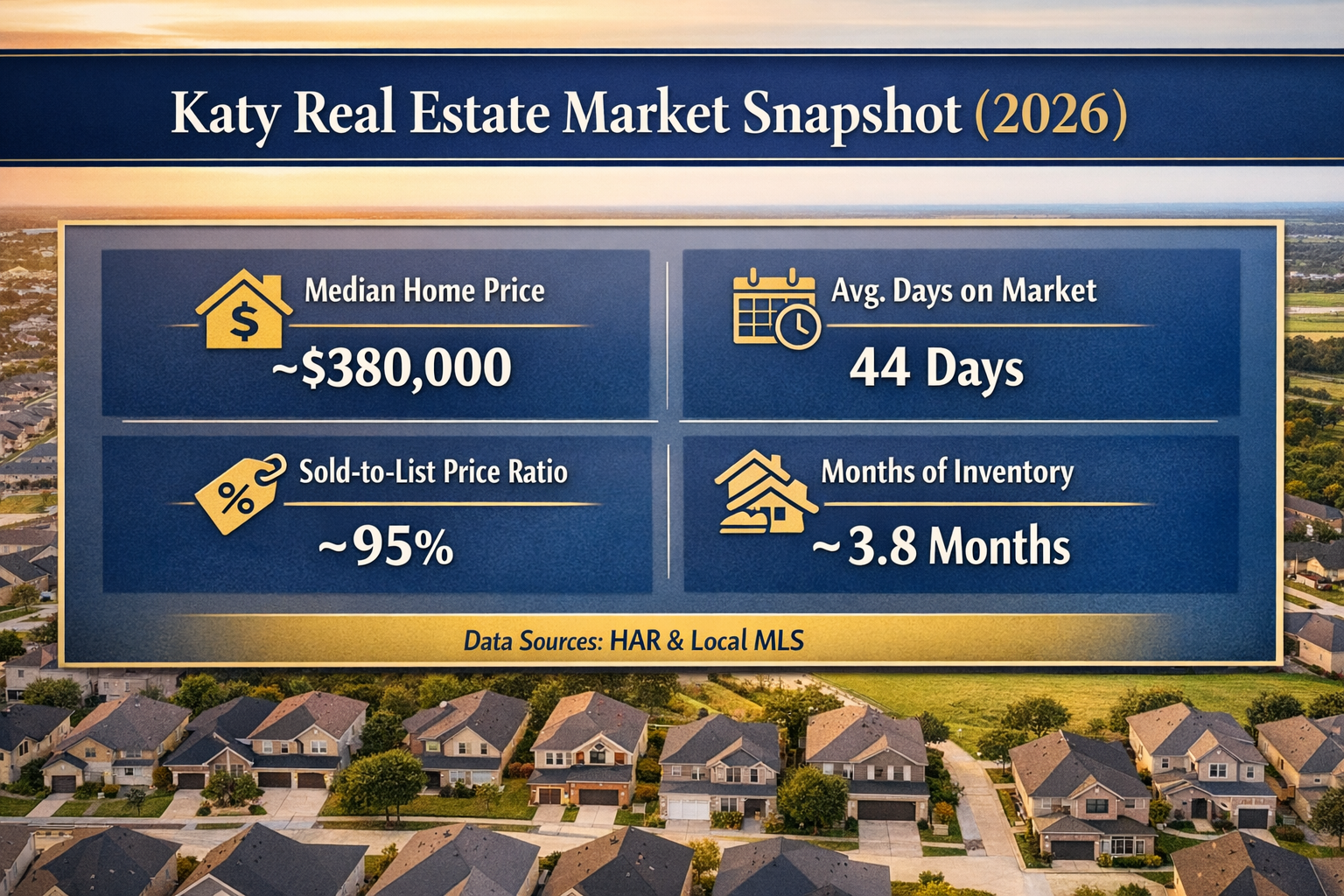 “Katy TX real estate market snapshot graphic showing median home price of $380,000, 44 days on market, 95% sold-to-list ratio, and 3.8 months of inventory.
