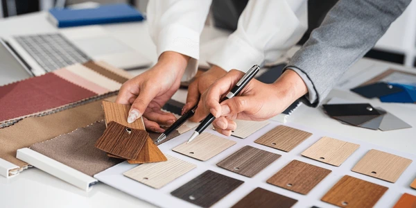 Home design center selections for flooring, cabinets, and countertops in a new construction home