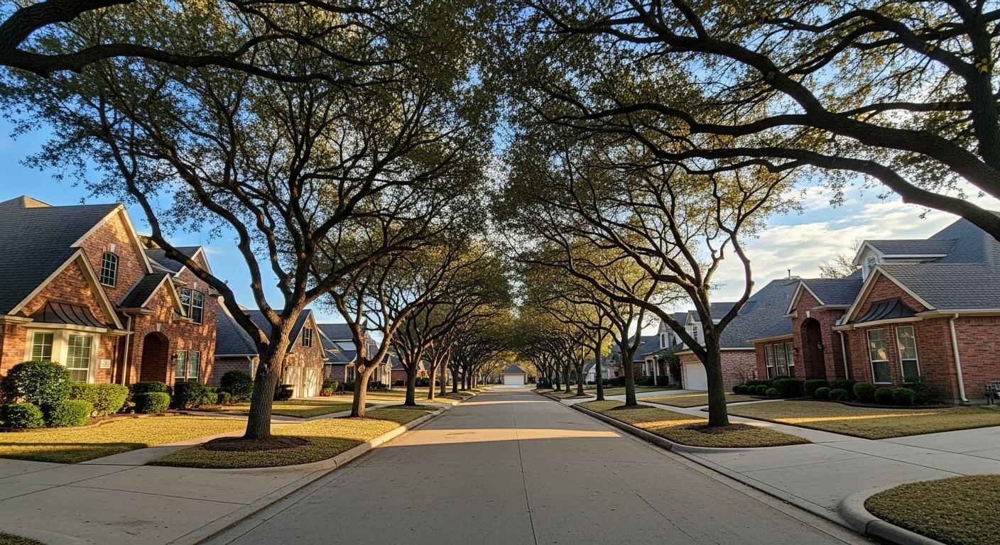 Tree-lined street in Katy TX neighborhood