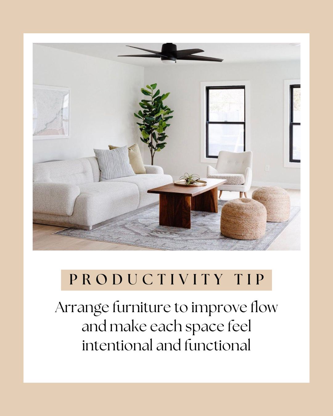 Staged living room with open furniture layout showing clear flow and functional space design