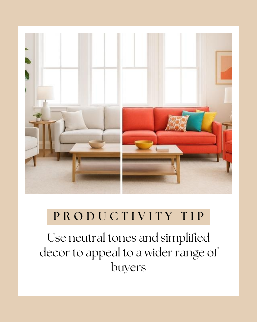 Neutral staged living room with minimal decor designed to appeal to a wide range of home buyers