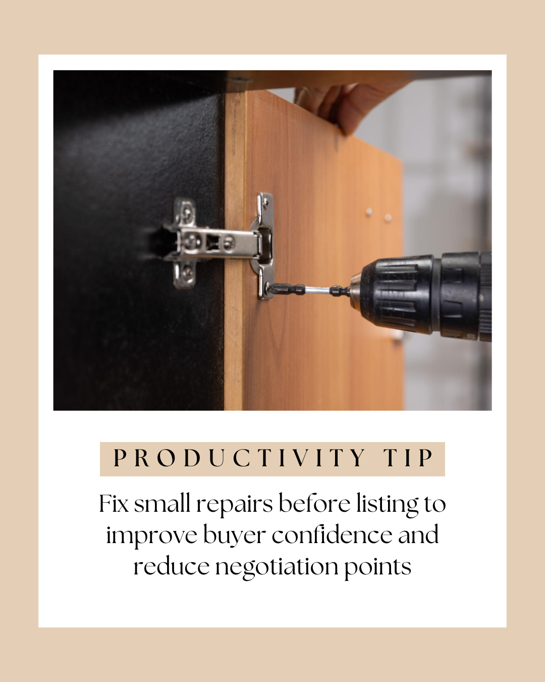 Home repair details including tightening screws and fixing faucet and caulking to improve condition before listing a home