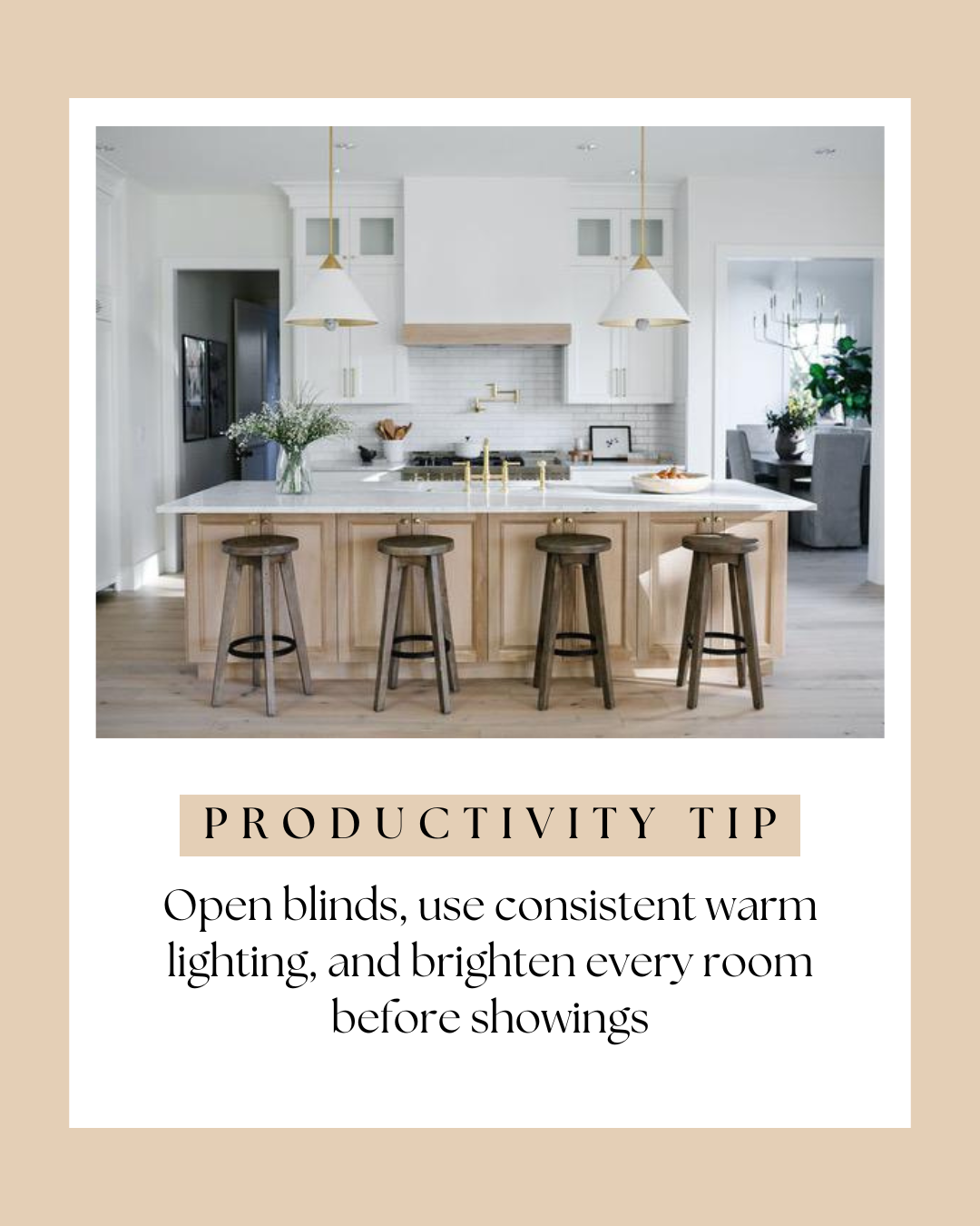 Bright kitchen with natural light and warm lighting improving home presentation for buyers