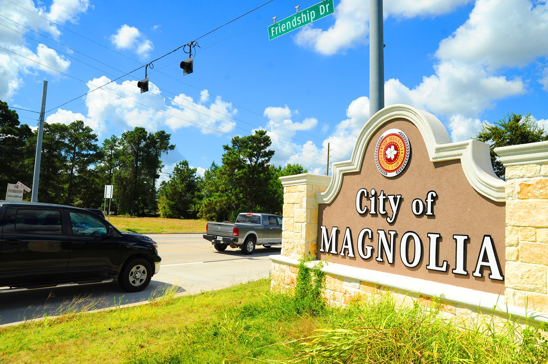Welcome entrance to a Magnolia, Texas neighborhood surrounded by landscaped green spaces and mature trees.  SEO Tip